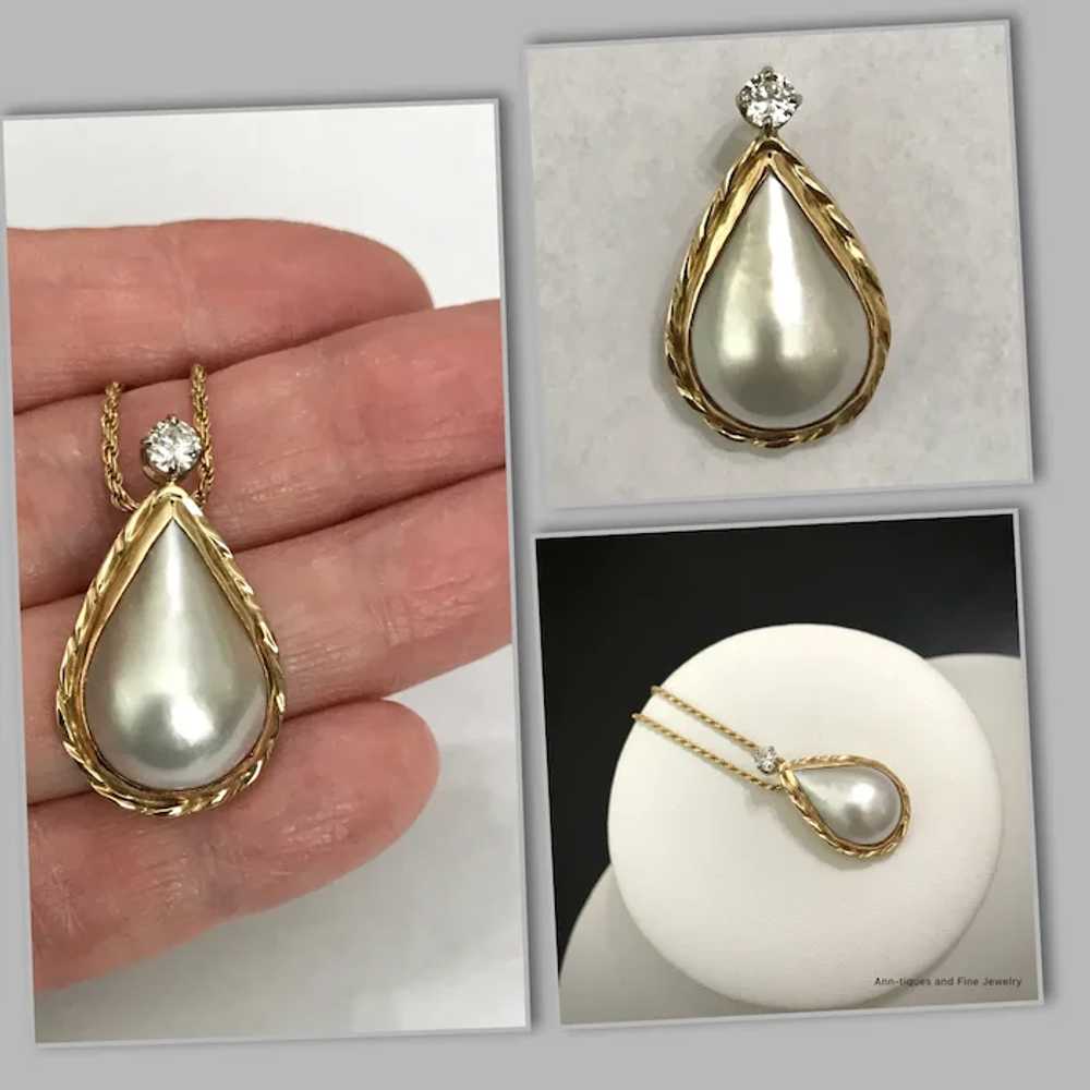 Gorgeous! 14K YG Mabe Pearl and Diamond Pendant - image 2