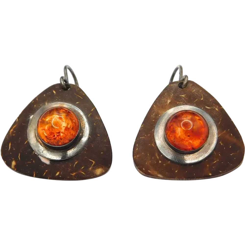 Rustic Amber Coconut Shell Earrings - image 1