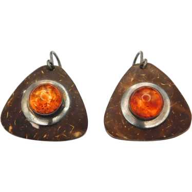 Rustic Amber Coconut Shell Earrings - image 1