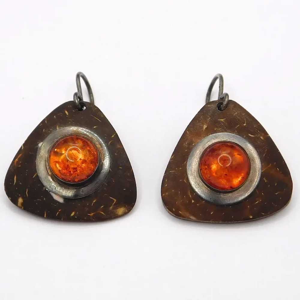 Rustic Amber Coconut Shell Earrings - image 2