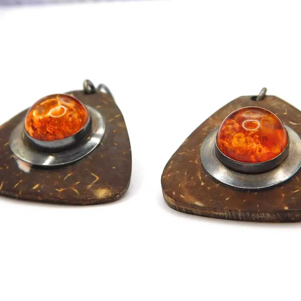 Rustic Amber Coconut Shell Earrings - image 3