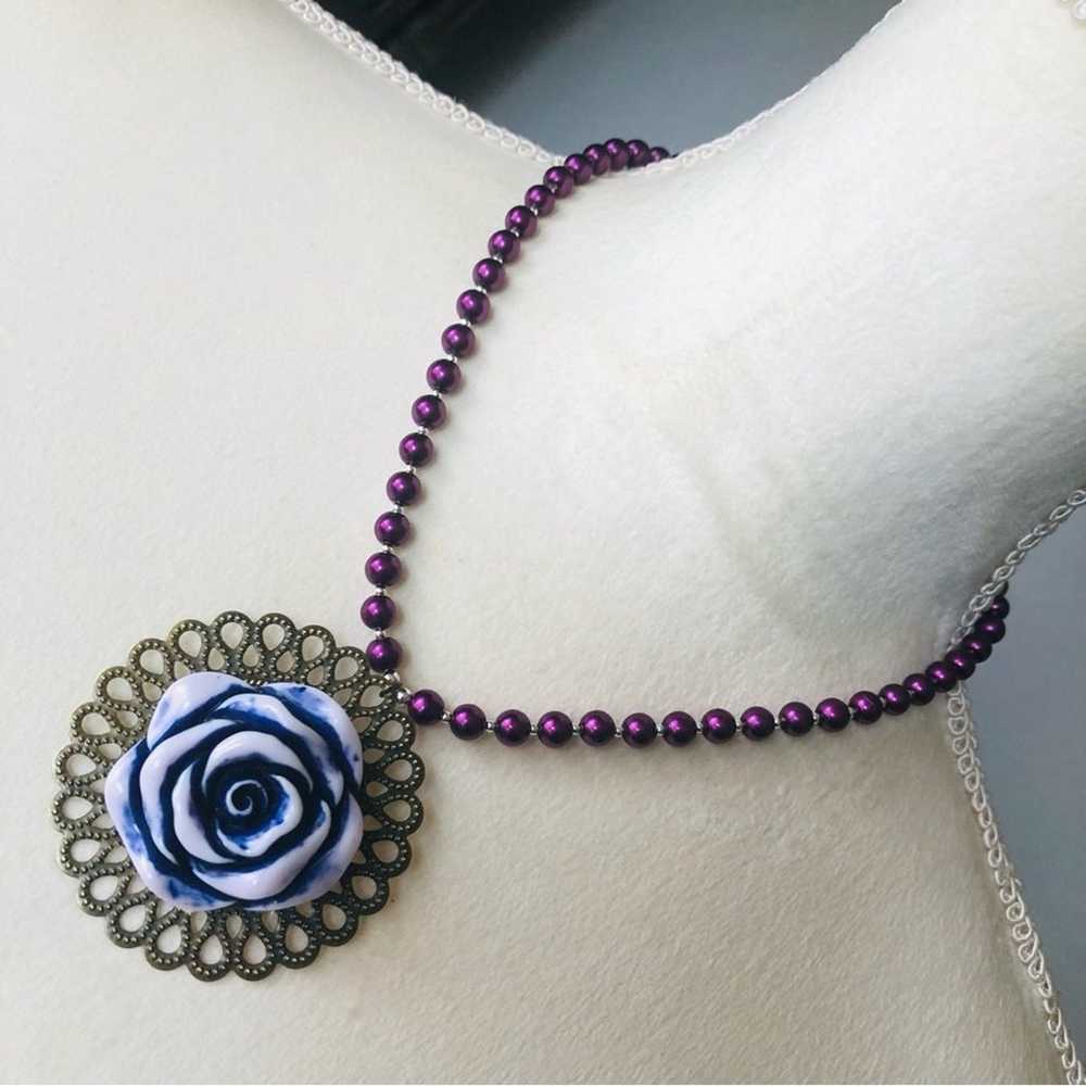 Handcrafted repurpose purple rose filigree pendan… - image 1