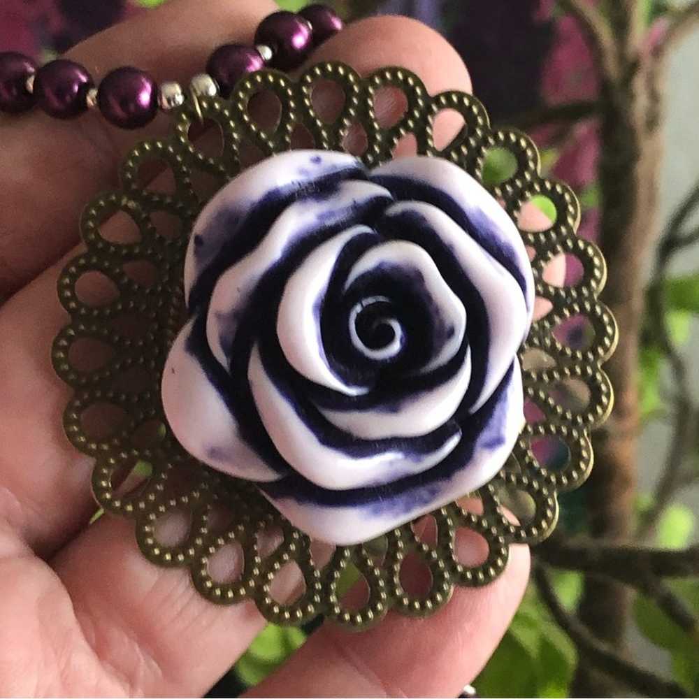 Handcrafted repurpose purple rose filigree pendan… - image 2