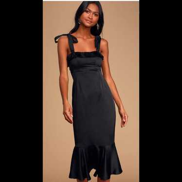 Lulus Black Tie Optional Satin Ruffled Midi Dress