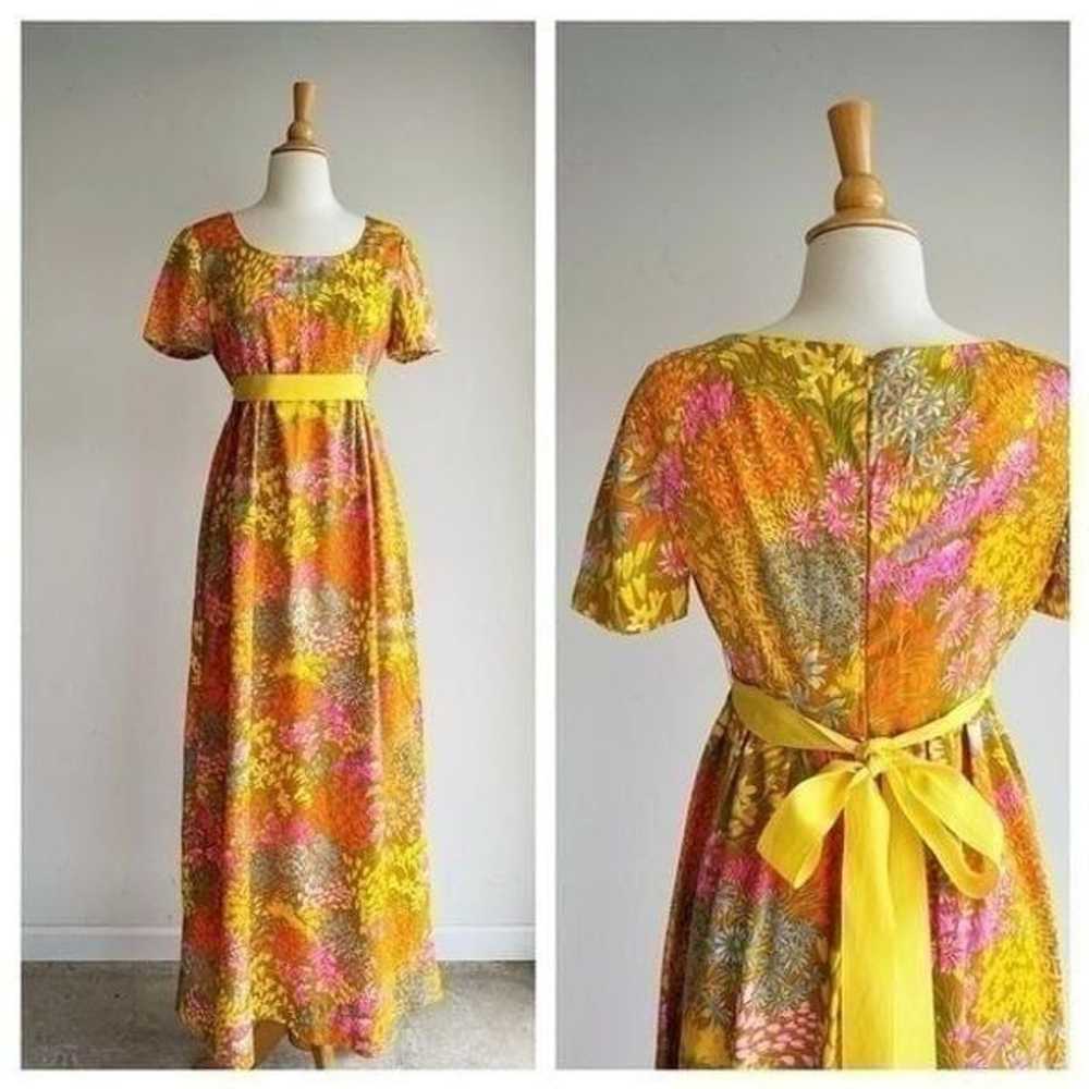 60's VINTAGE | Orange Floral Babydoll Maxi Dress … - image 1