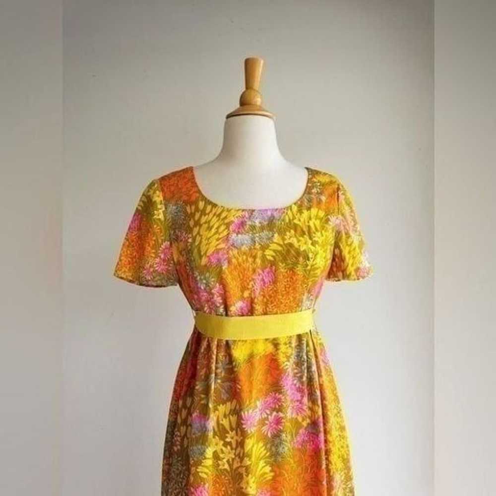 60's VINTAGE | Orange Floral Babydoll Maxi Dress … - image 2