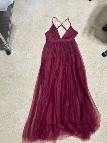 Designer Burgundy Tulle Maxi Dress, Size M - Elega