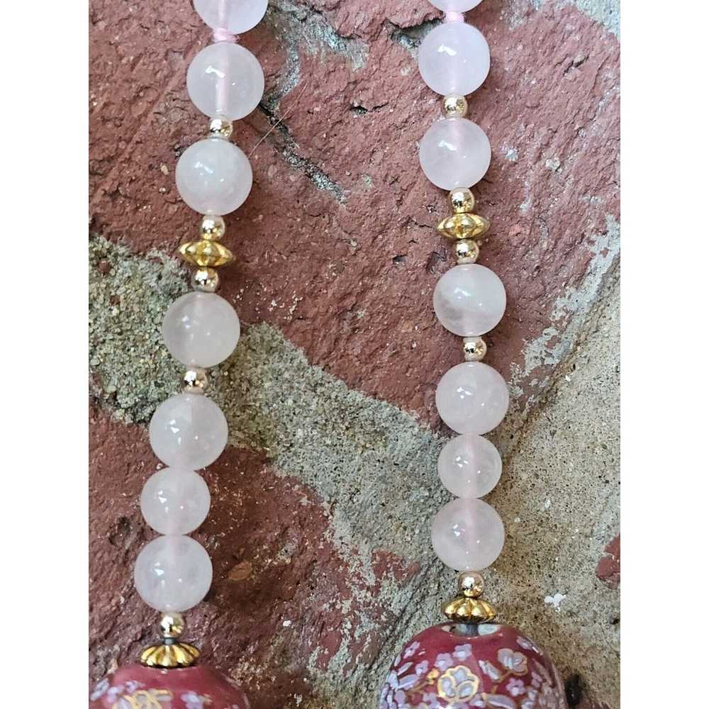 VINTAGE 32" HAND KNOTTED ROSE QUARTZ & HAND-PAINT… - image 6