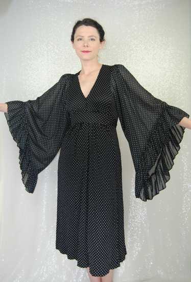 1970s Vintage Black Swiss Dot Dress with Angel or 