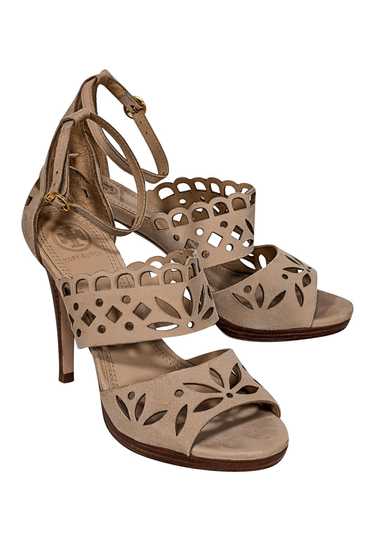 Tory Burch - Beige Laser Cut Print Open Toe Pumps 