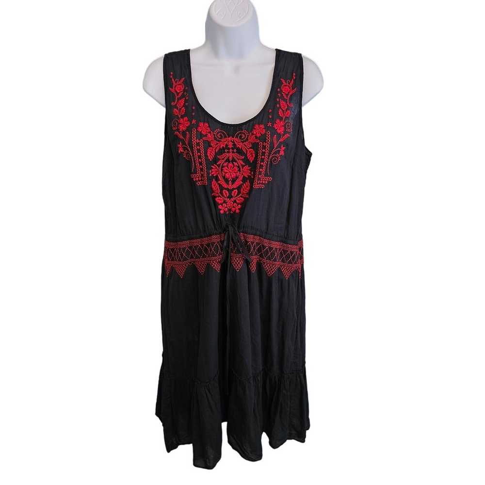 Johnny Was Embroidered Dress Black & Red Cotton S… - image 1