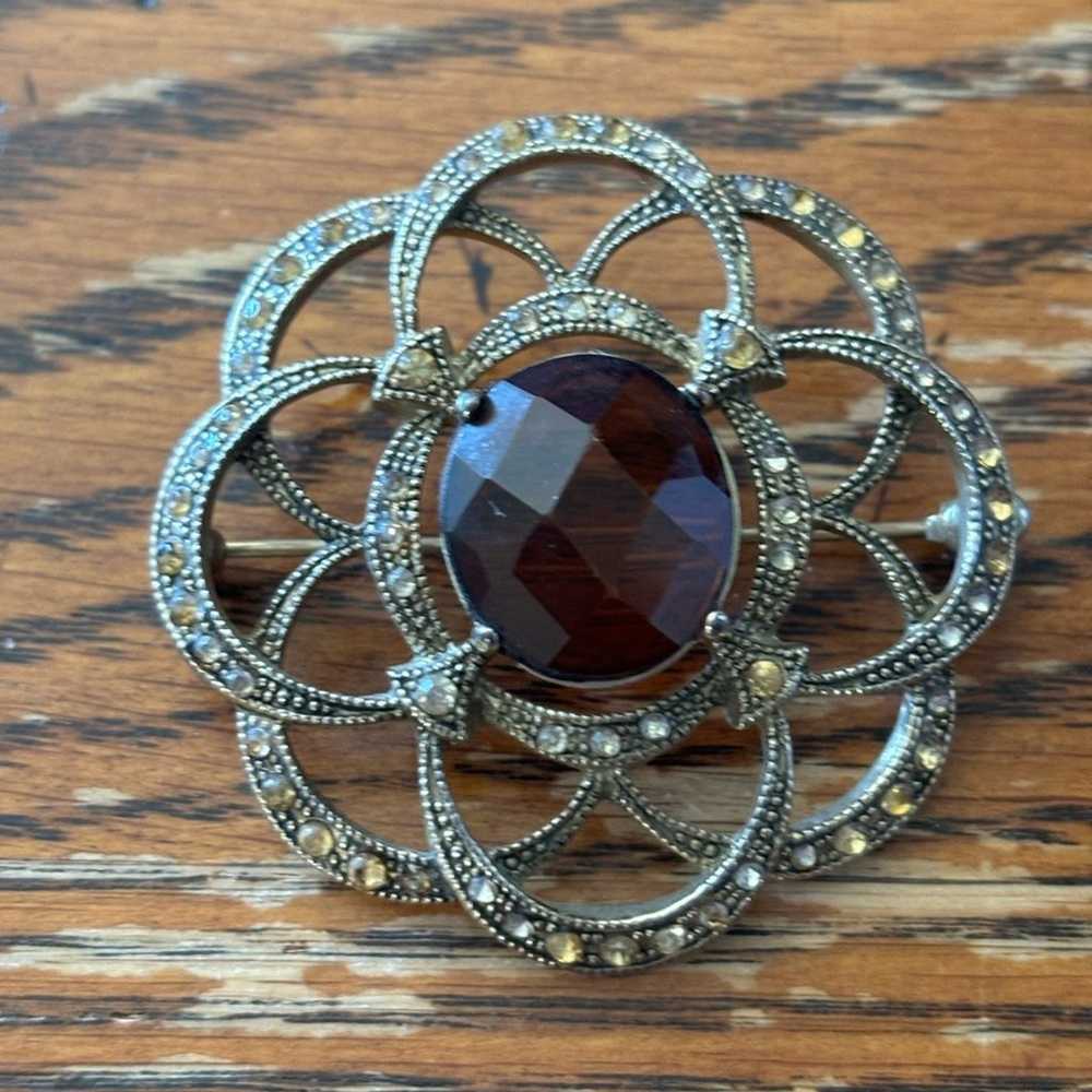 Monet Vintage Signed Amber Brown Crystal Brooch - image 7