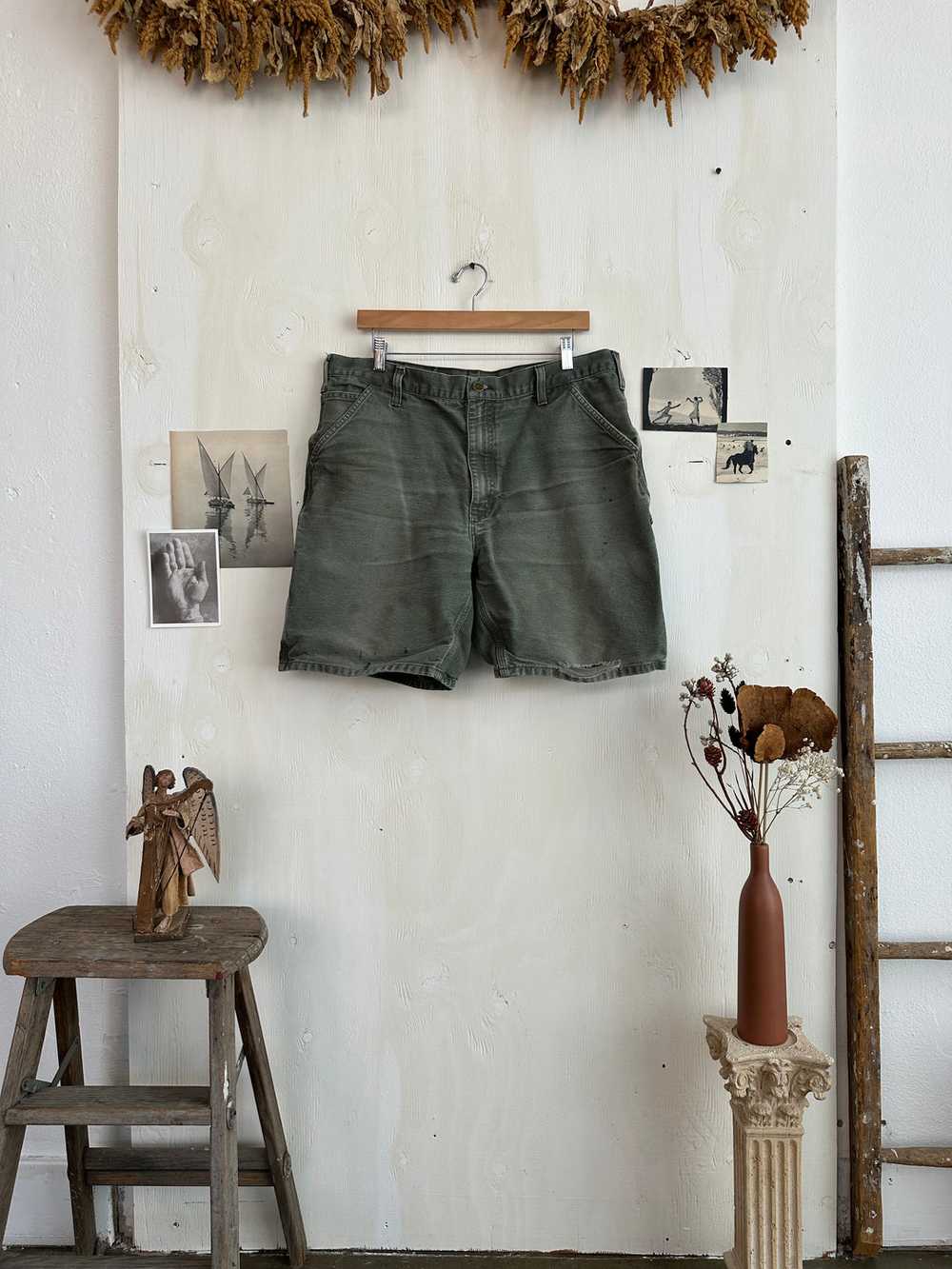 1990s Thrashed Green Faded Carhartt Shorts (34) - image 2