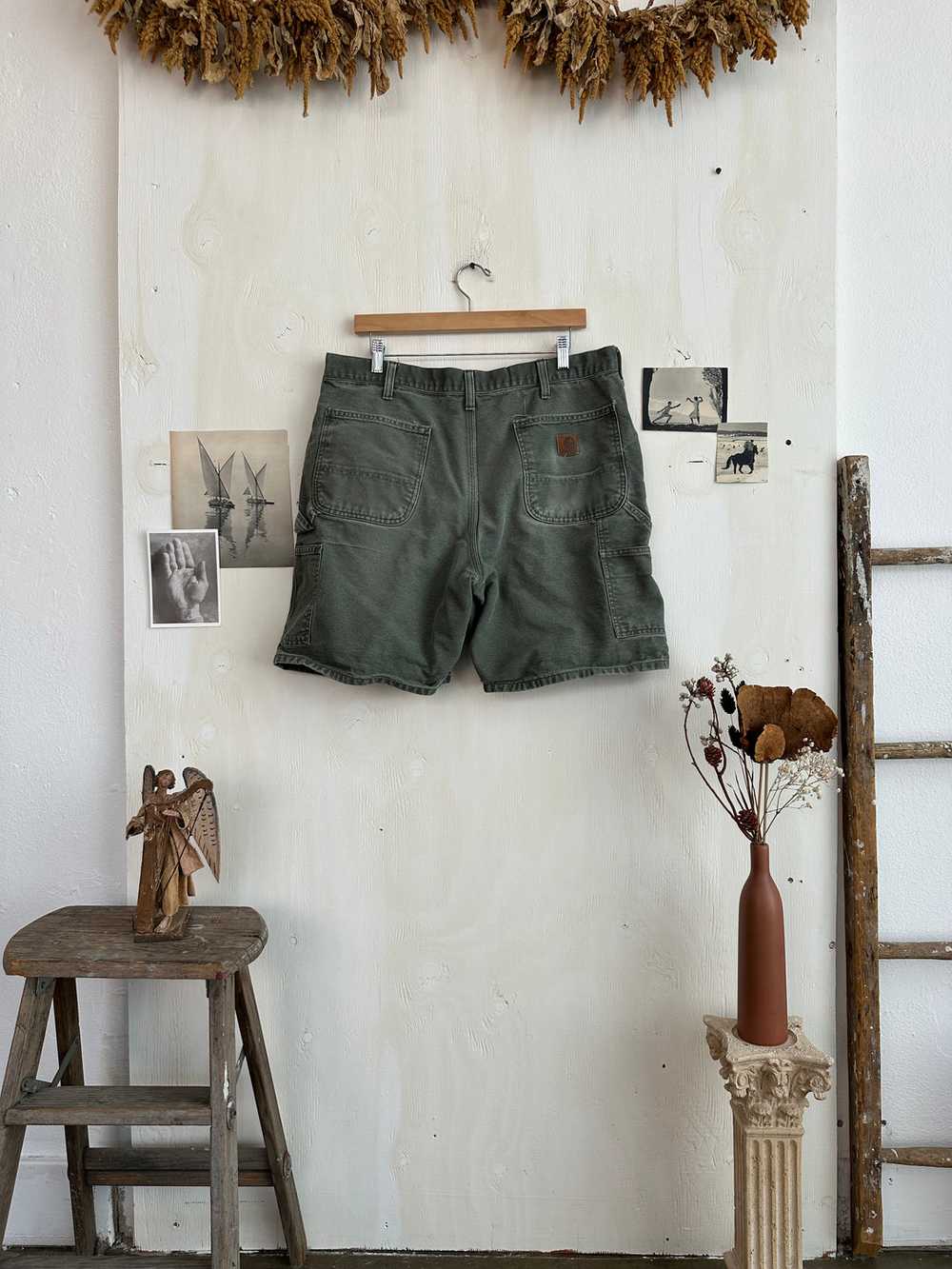 1990s Thrashed Green Faded Carhartt Shorts (34) - image 3