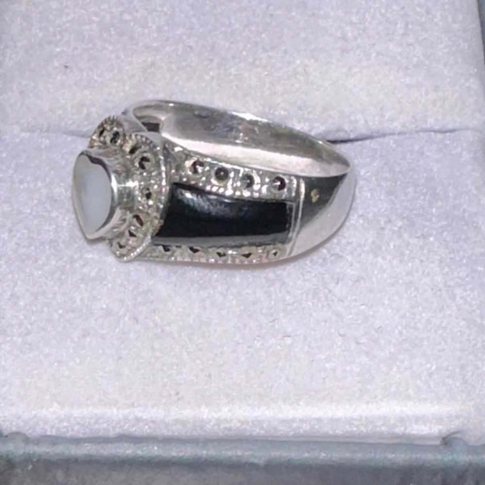 Vtg Sterling Silver Marcasite Onyx Inlay Mother o… - image 5