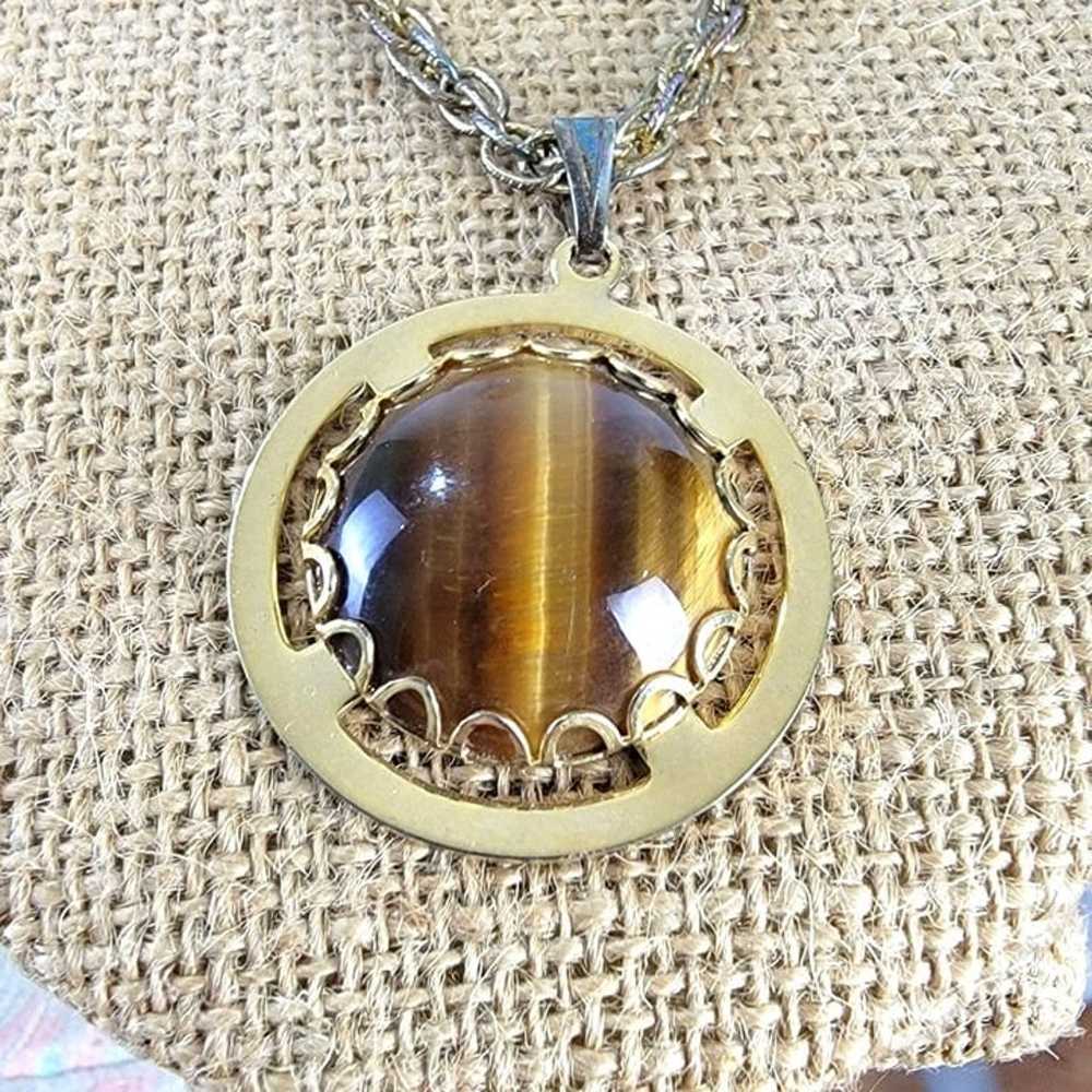 Tigers Eye Pendant Necklace Gold Tone Chain Women… - image 10