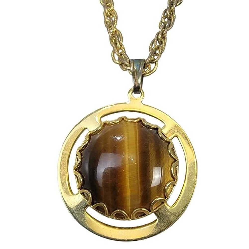 Tigers Eye Pendant Necklace Gold Tone Chain Women… - image 1