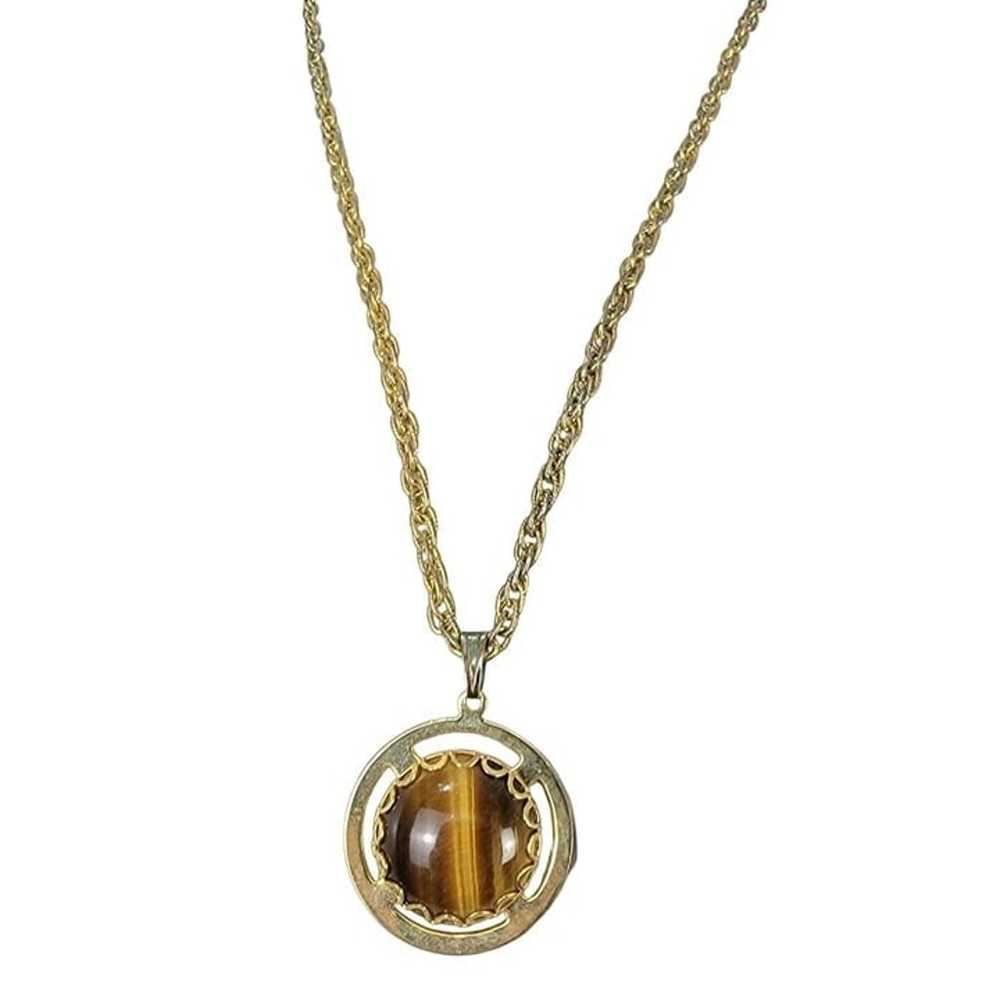 Tigers Eye Pendant Necklace Gold Tone Chain Women… - image 6