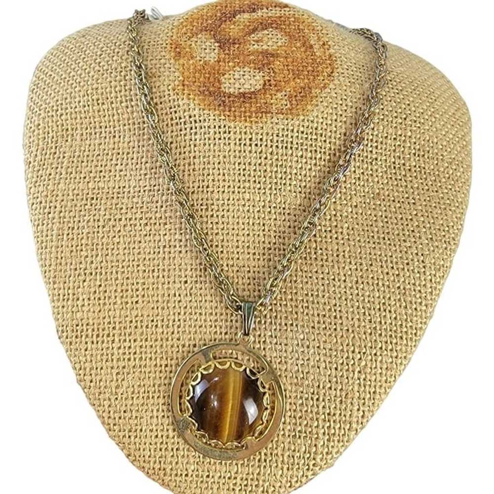 Tigers Eye Pendant Necklace Gold Tone Chain Women… - image 7