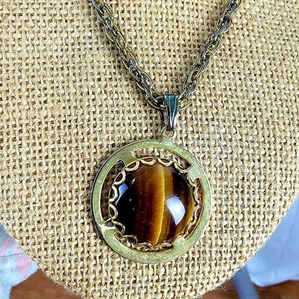 Tigers Eye Pendant Necklace Gold Tone Chain Women… - image 9