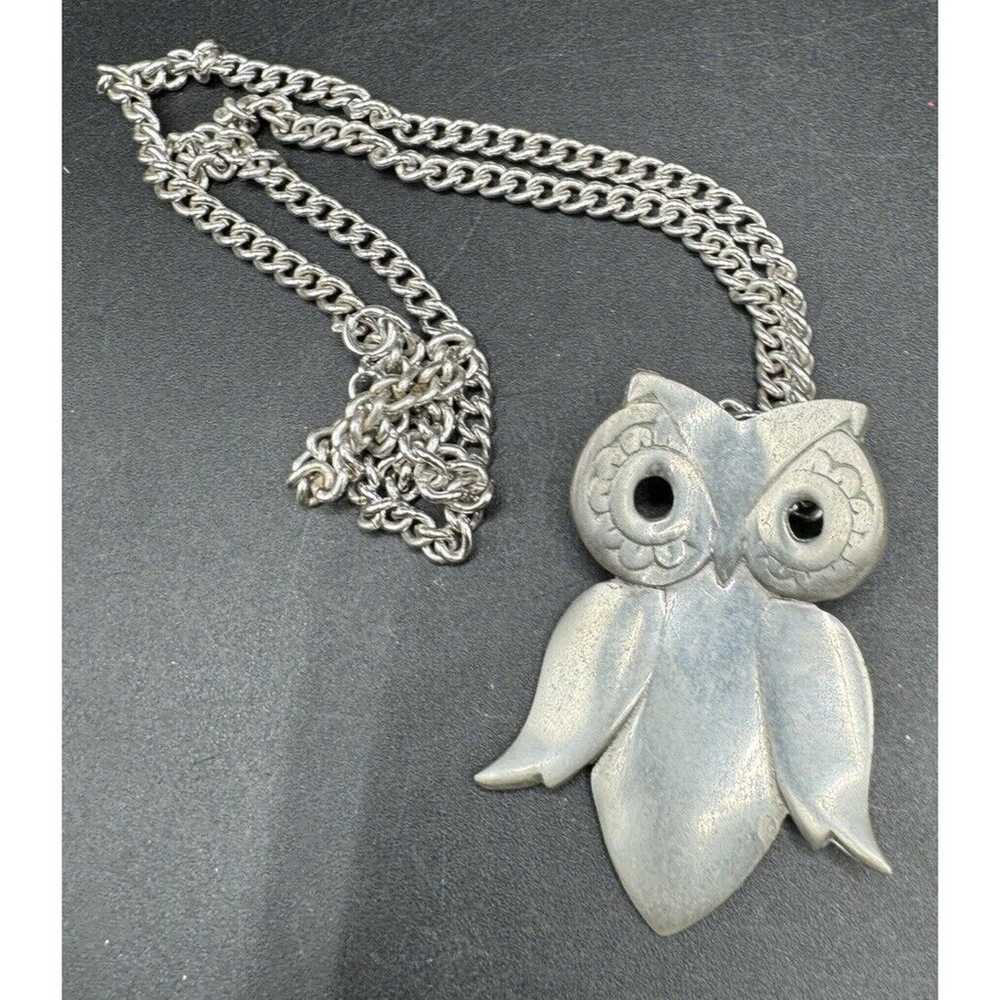 Pewter Owl Pendant Necklace Vintage Jewelry Silve… - image 1