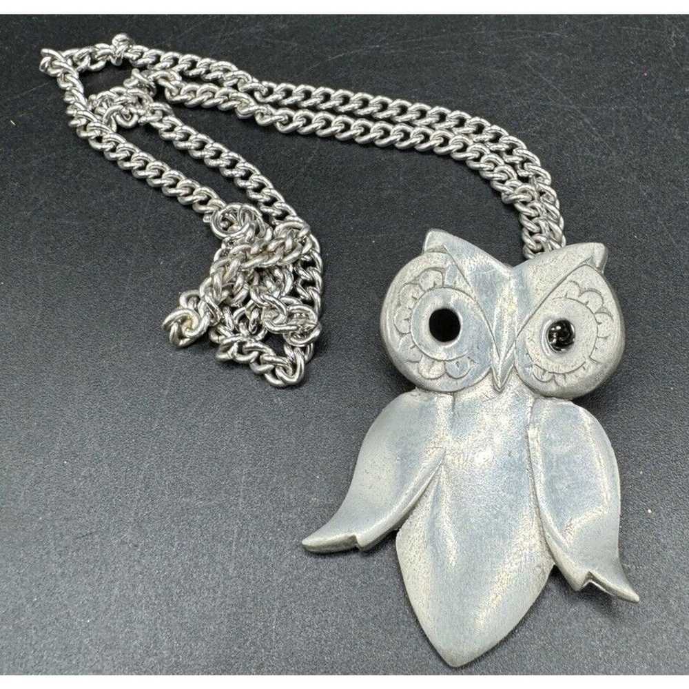 Pewter Owl Pendant Necklace Vintage Jewelry Silve… - image 2