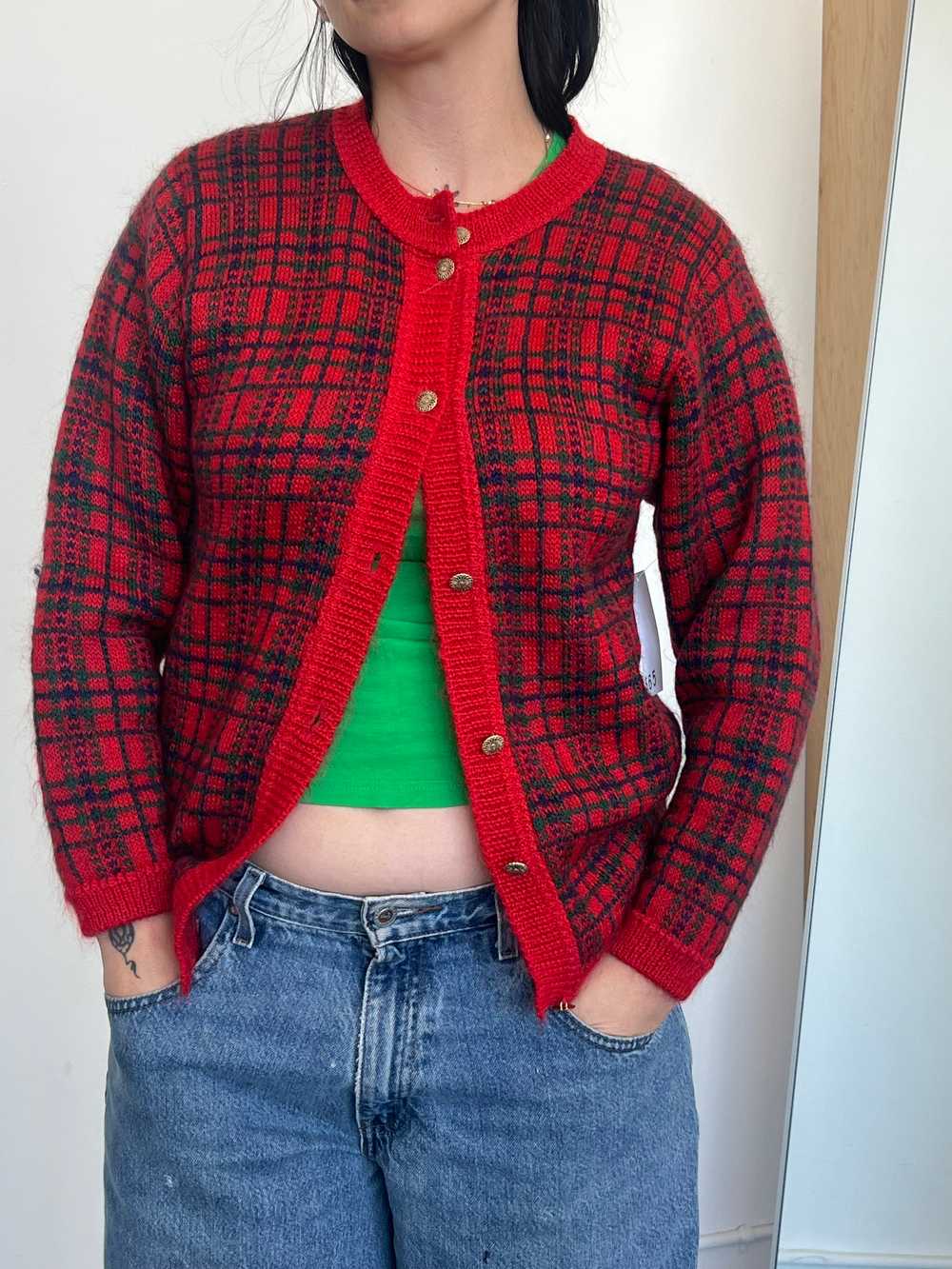 Red Tartan Plaid Mohair Sweater - image 1