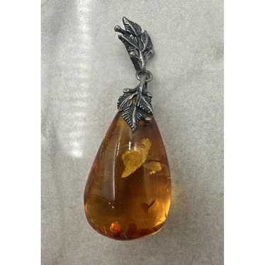 Amber Teardrop Leaf 2024 Vine Sterling Pendant