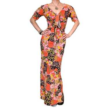 L’Aiglon Vintage 60s Dress deals - Floral Folk Flower Power Maxi - Hippie Boho Dress