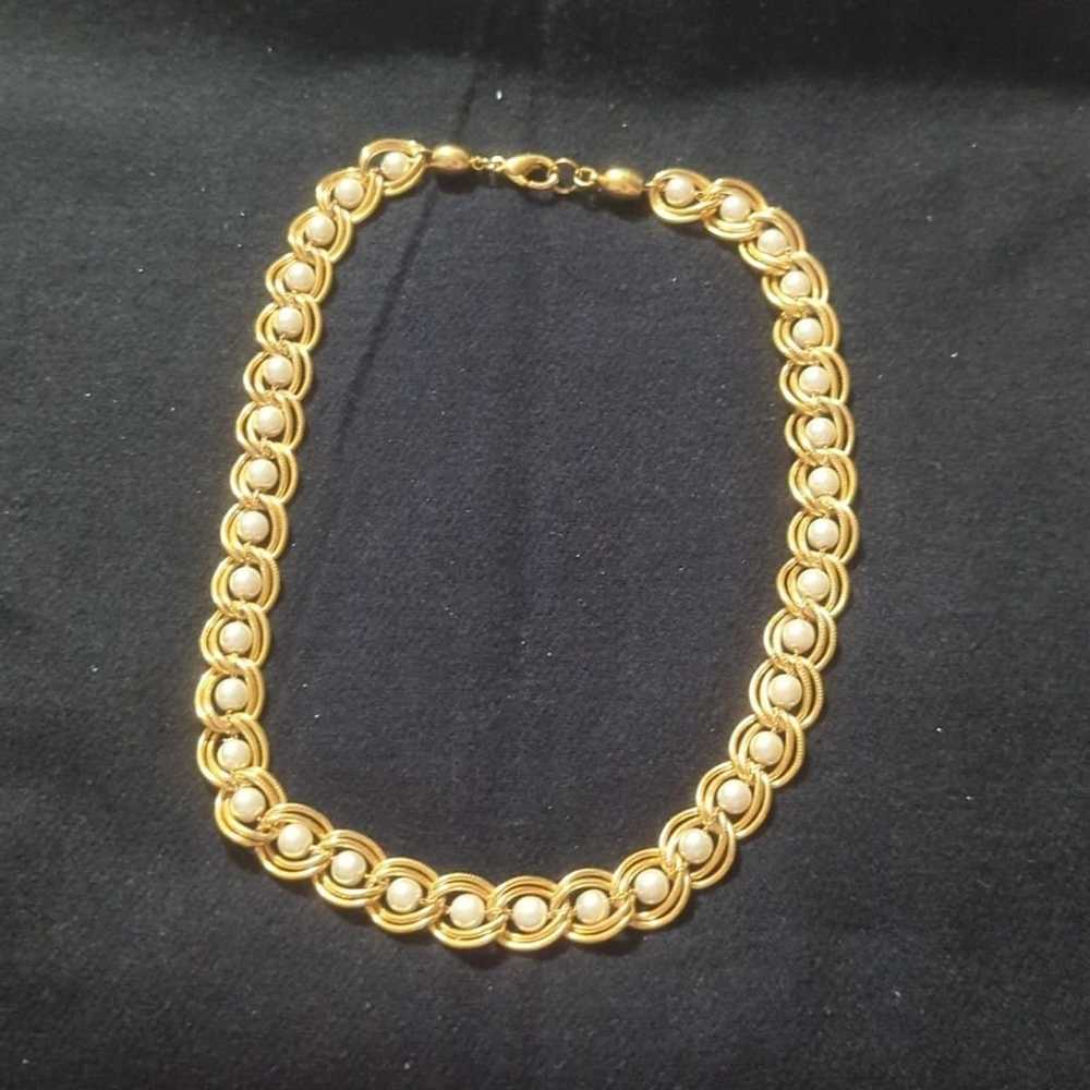 Vintage Gold Tone Caged White Faux Pearl Statemen… - image 1