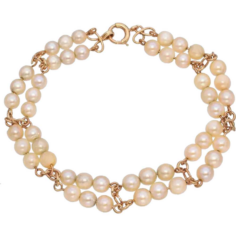 14K Yellow Gold Double Strand Pearl Bracelet - image 1