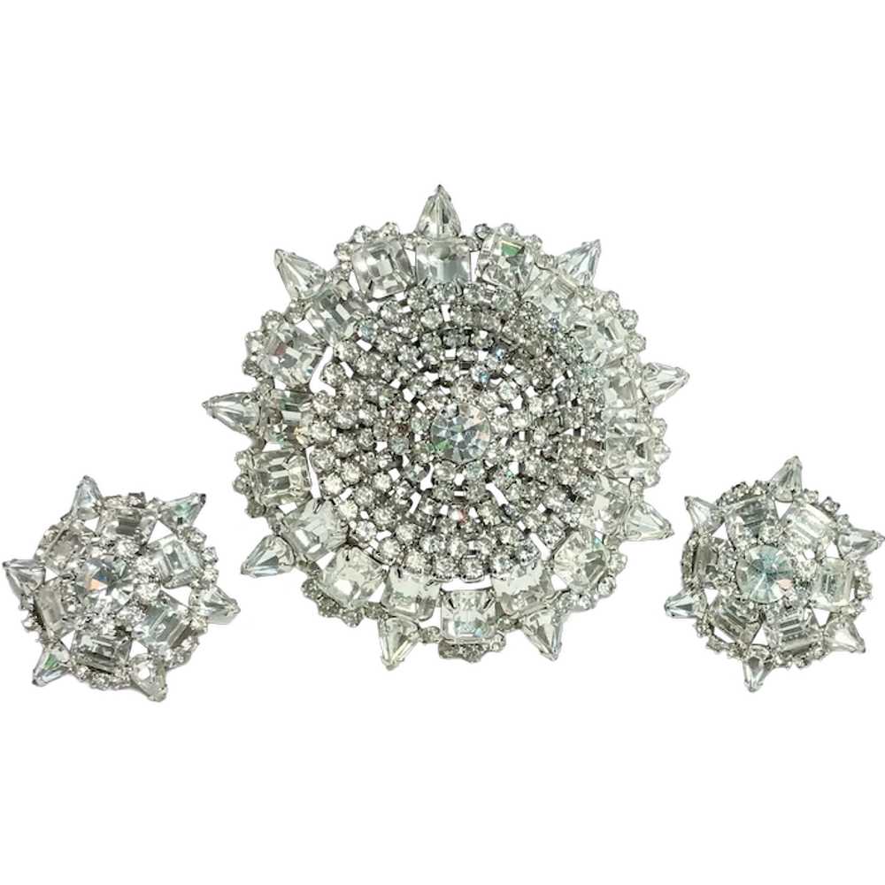 Silver tone colorless rhinestone brooch clip earr… - image 1