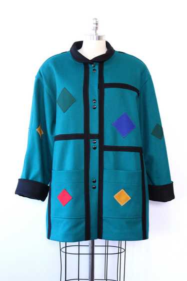 Teal Geometric Wool Coat M/L - image 1