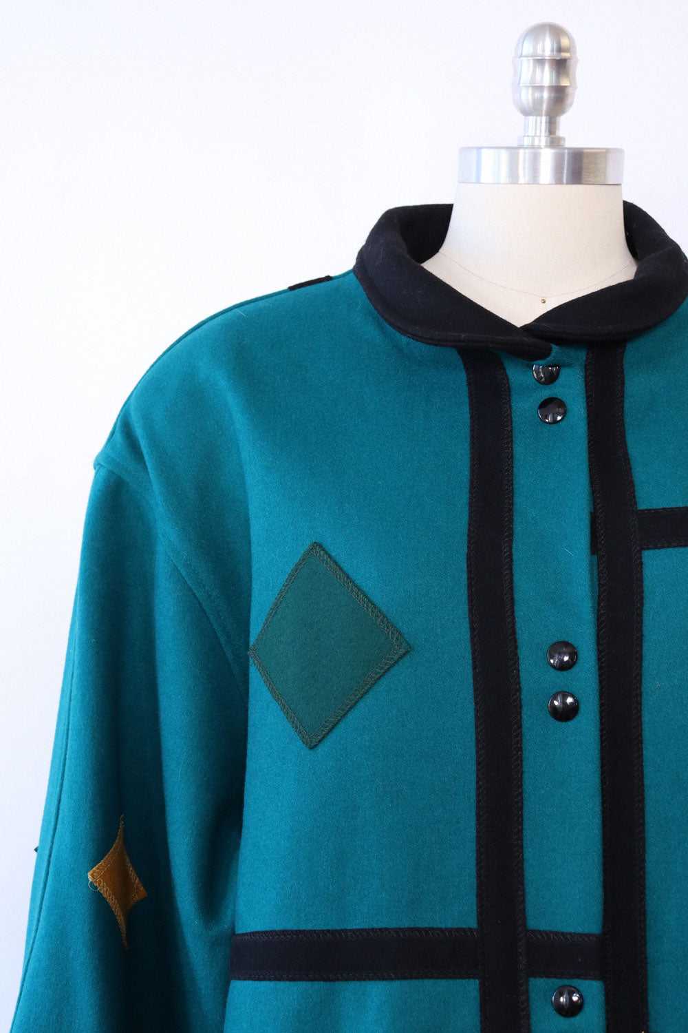 Teal Geometric Wool Coat M/L - image 2