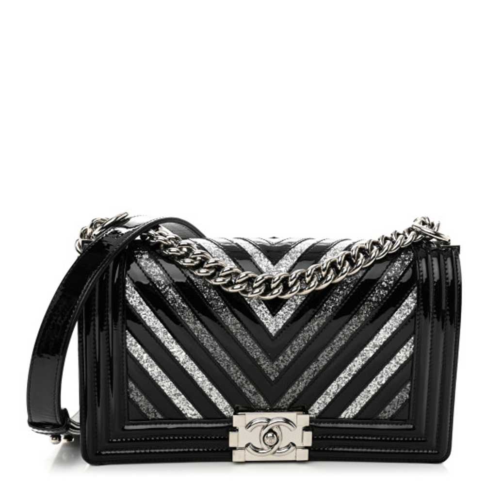 CHANEL Patent Glitter PVC Chevron Quilted Medium … - image 1