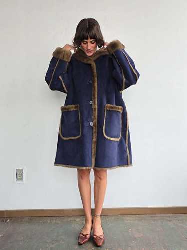 Vintage Suede Faux Shearling Overcoat - Blue