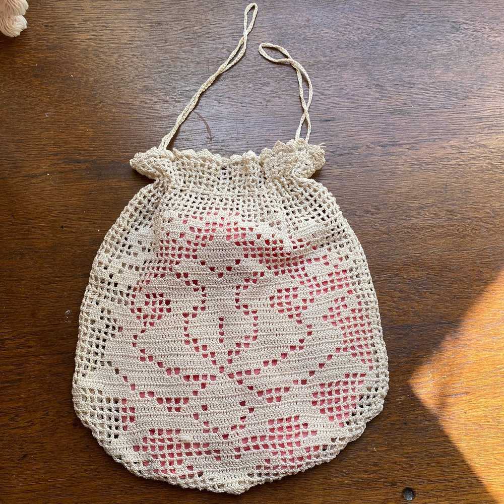 Vintage Crochet Tan Drawstring Pouch - image 1