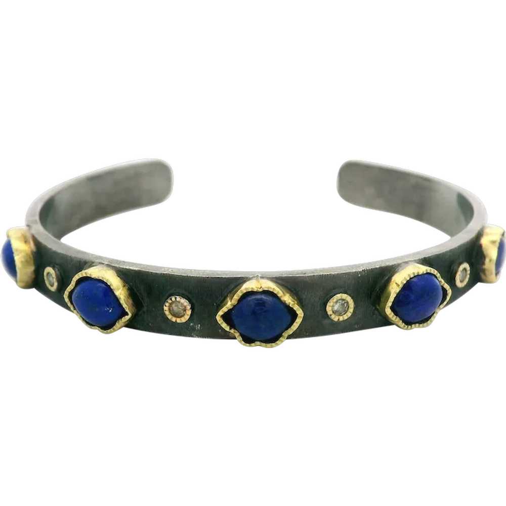 John Apel Silver & 18k Gold Diamond and Lapis Tex… - image 1