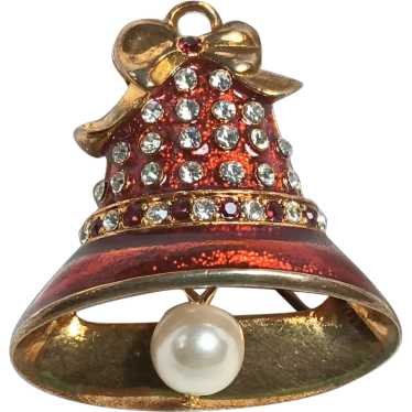 Eisenberg Ice Christmas bell pin red enamel rhine… - image 1