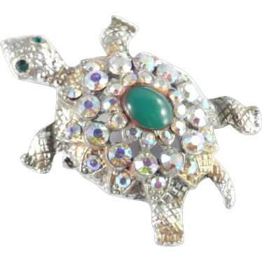 Rhinestone Cabochon Turtle Figural Brooch Pin - image 1