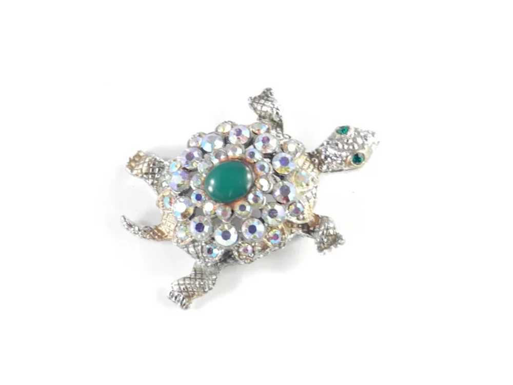 Rhinestone Cabochon Turtle Figural Brooch Pin - image 3