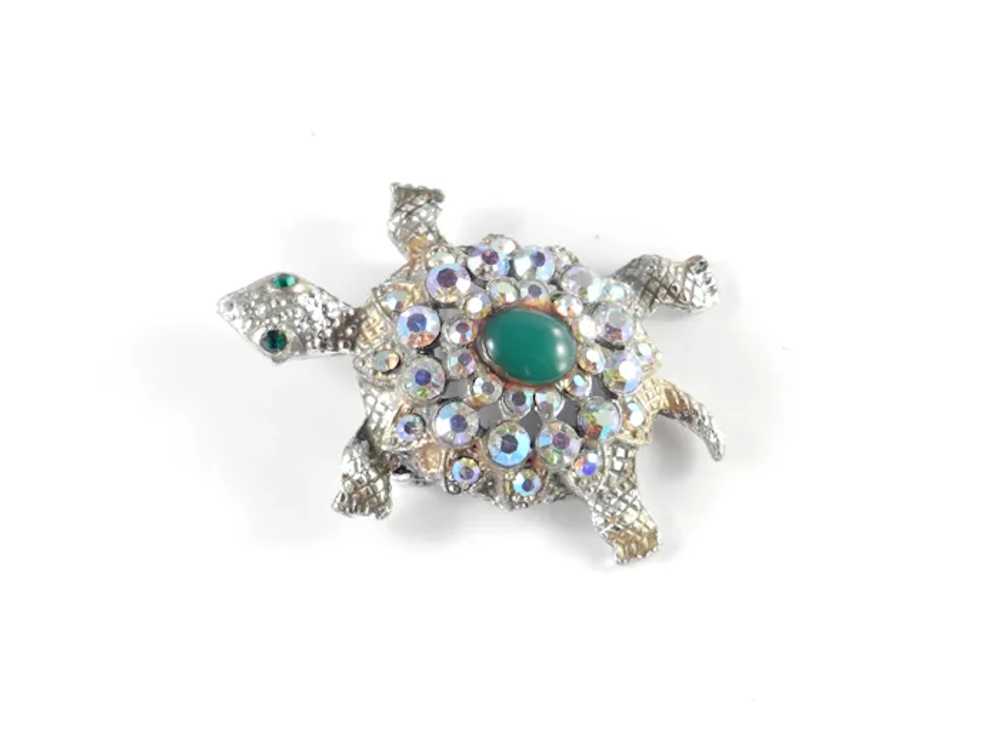 Rhinestone Cabochon Turtle Figural Brooch Pin - image 4