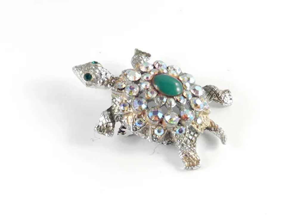 Rhinestone Cabochon Turtle Figural Brooch Pin - image 5