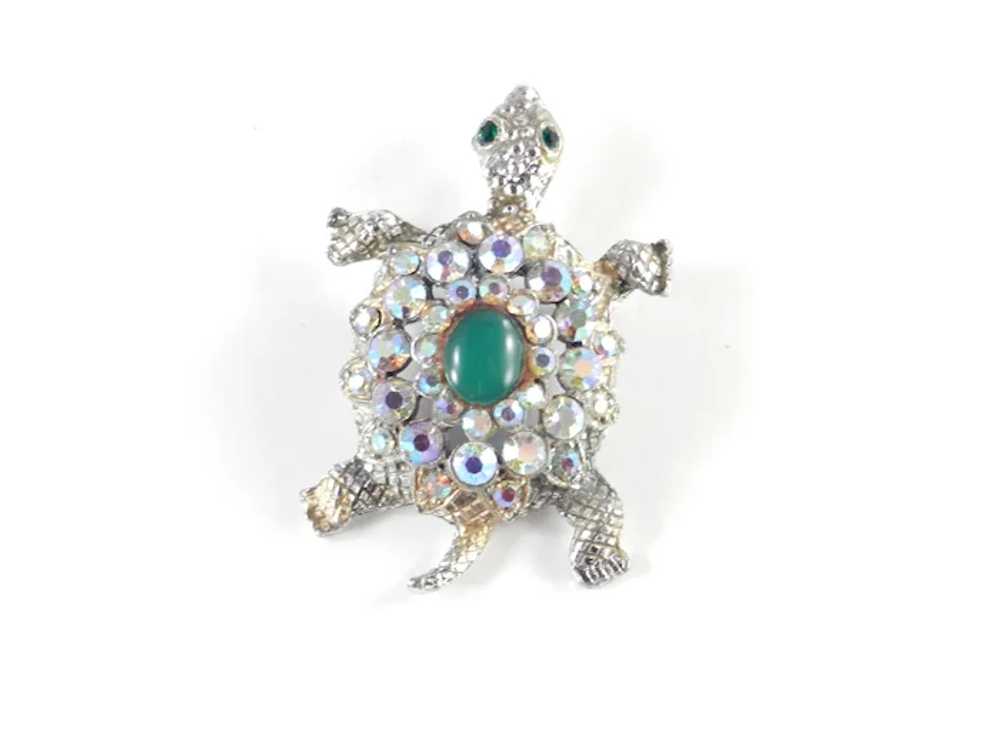 Rhinestone Cabochon Turtle Figural Brooch Pin - image 6