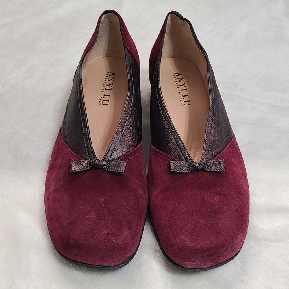 Anyi Lu Wine Red Suede & Brown Leather Low Wedge … - image 4