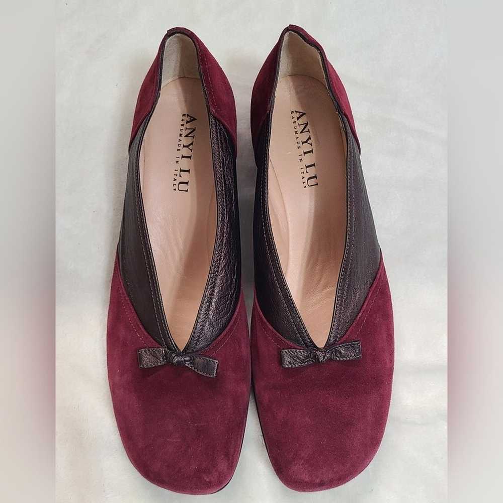 Anyi Lu Wine Red Suede & Brown Leather Low Wedge … - image 5