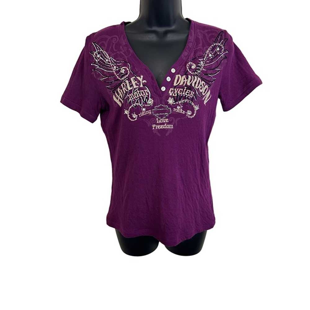 Harley-Davidson Purple Plum Rhinestone V-Neck Mot… - image 1