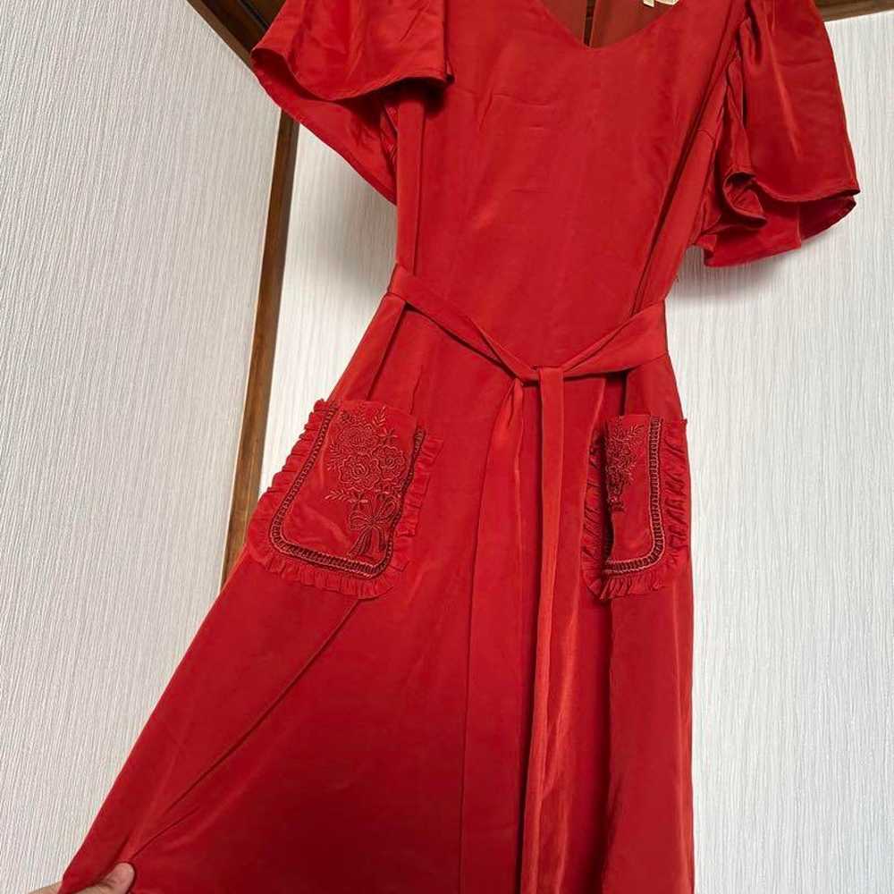 Red mini dress with embroidery, short sleeves. - image 1