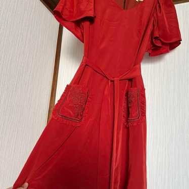 Red mini dress with embroidery, short sleeves. - image 1