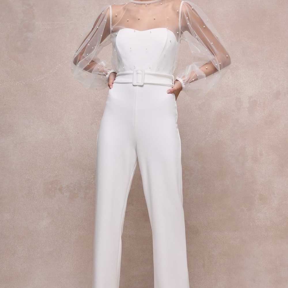 Lavish Darling White Mesh Pearl Belted Wide-Leg J… - image 3